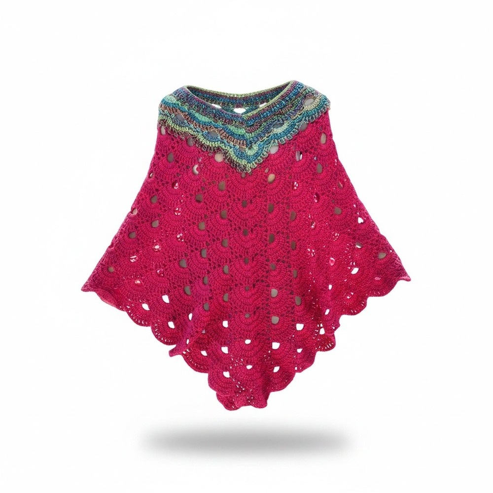 Handmade Crochet Poncho Fuchsia Pink Scalloped‎ Shell Knit V-Neck Boho Capelet